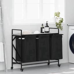Wasmand – Wasbak – Laundry Basket – Wasbox – Wascontainer – 3 Compartimenten – Wieltjes Met Rem – Stevig Stalen Frame – Sonoma Grijs Houten Plank — thumbnail 4