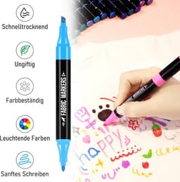 20 textielstiften Dual Tip - wasmachinebestendig en permanent voor T-shirts, stoffen tassen, schoenen en meer - niet giftig, ideaal voor kinderen en volwassenen — thumbnail 2