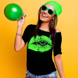 jaren 80 kostuum accessoires set, lippen print T-shirt kant hoofdband oorbellen ketting armband voor jaren 80 themafeest (fluorescerend groen, L) — thumbnail 2