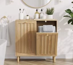 Wasmand Kast Houtlook - Badkamerkast met Kantelbare Wasmand - 2 Deuren - Opbergkast Handdoeken - 69.5 x 35 x 70.5 cm - Max 50kg - Modern Design — thumbnail 1