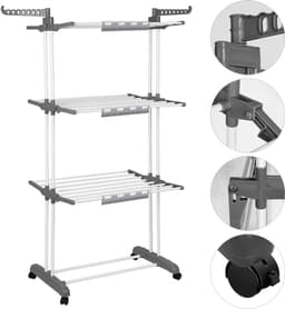 PIPIPOXER- Wasrek Inklapbaar-Droogrek-Staand Droogrek Inklapbaar-Met 3 sokkenclips-Wastoren-Ruimtebesparend Wasrek -75x49x170 CM-Ecologisch Was Drogen- grijsachtig wit — thumbnail 3
