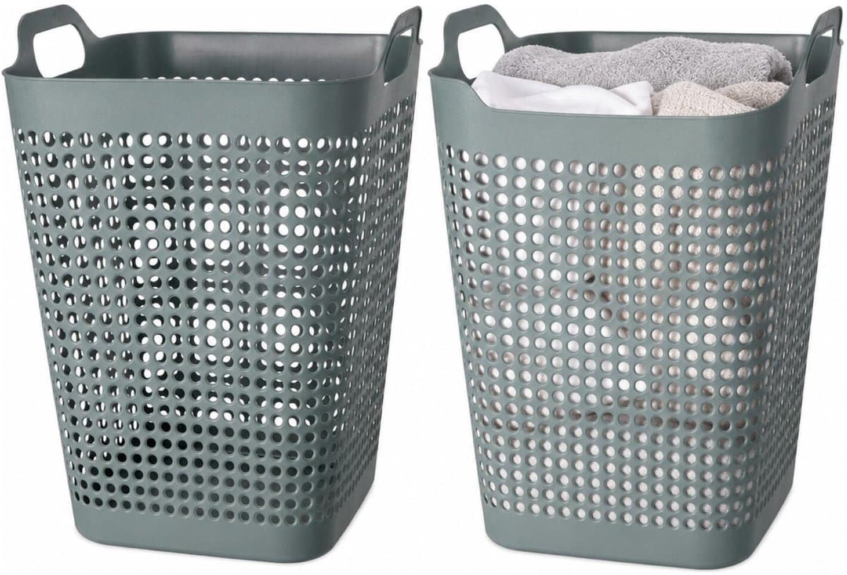 Storage Solutions Wasmand - 2x - groen - 48 liter - 40 x 51 cm - kunststof - wasbox - mand voor wasgoed - badkamer — afbeelding 1