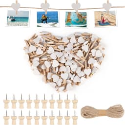 Wasknijpers, witte mini-houten knijpers met 20 m jute koord en 20 beeldnaalden, kleine knijpers voor het ophangen van foto's, fotowand, ansichtkaarten — thumbnail 1
