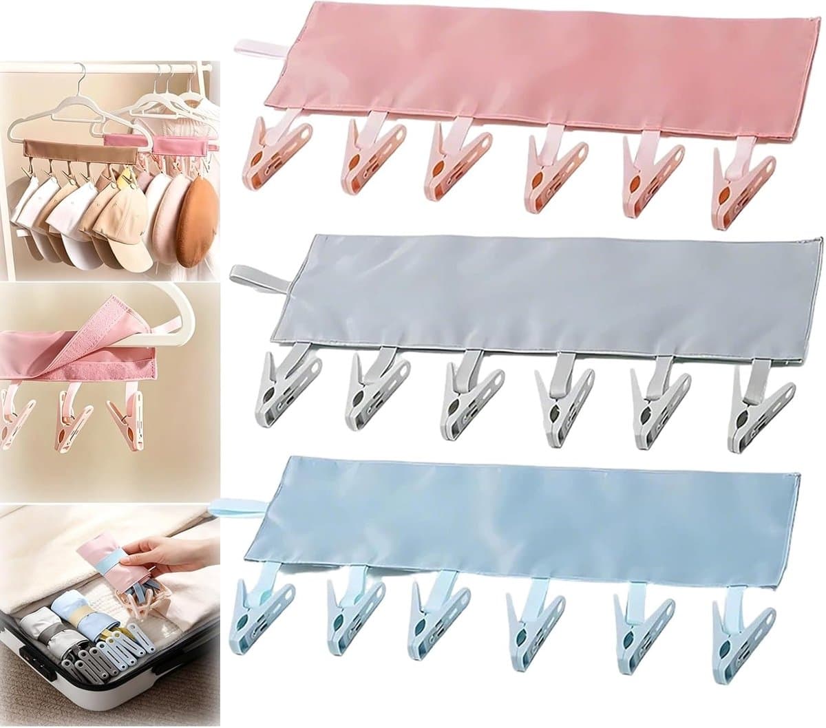 3 stuks Wasdroger with 6 Clips - Sokkendroger - Camping Wasdroger - Opvouwbare cliphangers - voor sokken, beha's, lingerie, kleding - kunststof - 34x16cm — afbeelding 1