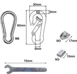 2 m draadkabel 3 mm met PVC-gecoate roestvrijstalen kabel, karabijnhaak M6, krimplus draadkabelklem en mini-schroefsleutel voor Lanyard, waslijn, tenttouwen (2 m) — thumbnail 4