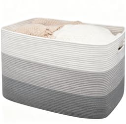 Katoenen Opbergmand 65L - Grote Geweven Mand - Rechthoekige Wasmand & Speelgoedmand - 100% Natuurlijk Katoentouw - Wit & Grijs — thumbnail 1