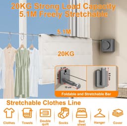 Uittrekbare waslijn 5,1 m - roestvrij staal - niet doorhangend - ideaal voor balkon en badkamer - ShopVlot — thumbnail 4