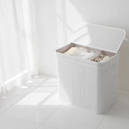 Wasmand met deksel, bamboe, 150 l, 3 vakken, HxBxT: 61,5 x 61 x 41,5 cm, badkamerwasmand, wit — thumbnail 4