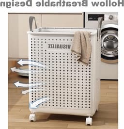 Opvouwbare wasmand met wieltjes van 60 liter, ideaal voor bijkeuken en slaapkamer, stevig en praktisch met handvatten — thumbnail 3
