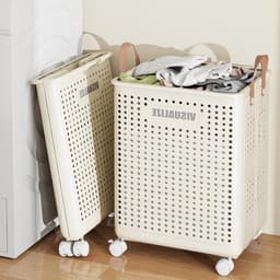 Opvouwbare wasmand met wieltjes van 60 liter, ideaal voor bijkeuken en slaapkamer, stevig en praktisch met handvatten — thumbnail 5