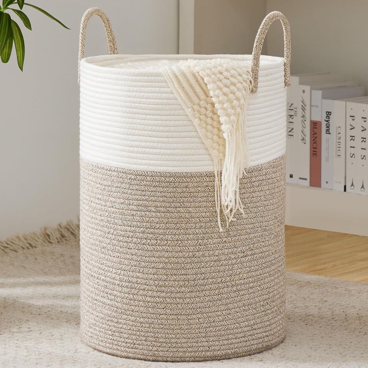 SnelShoppen - Wasmand Gevlochten Wasverzamelaar, Speelgoed Opbergmand met Handvat, Handgemaakt van Katoen, Wit en Bruin, Ideaal voor Kinderen, Woonkam — afbeelding 1