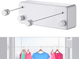 Intrekbare Waslijn - Dubbele Lijn - Kleding Drogen - Zware Roestvrij Staal - 2 x 42 m - Wit — thumbnail 1