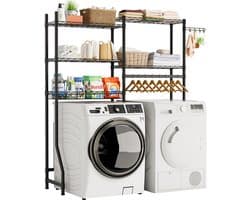 Liverna® Wasmachine Ombouw Rek - Opbergkast/Wc Kastje boven Wasmachine en Droger - 3 Laags Badkamerrek - Metaal Zwart - 147x35x195 cm