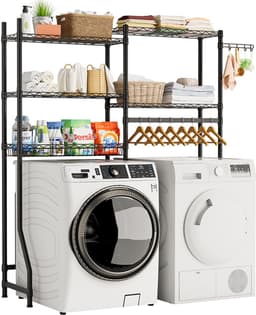 Liverna® Wasmachine Ombouw Rek - Opbergkast/Wc Kastje boven Wasmachine en Droger - 3 Laags Badkamerrek - Metaal Zwart - 147x35x195 cm — thumbnail 1