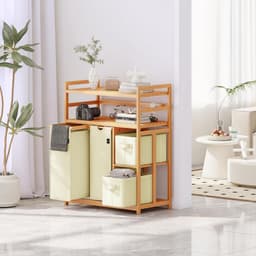 Wasmand Met Vakken - Kleding Sorteerder - Orde Scheppen - Dubbel Bamboe Planken - 140 Liter - Beige — thumbnail 5