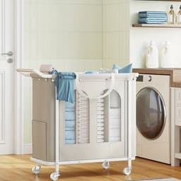 Home & Beyond® Wasmand op Wielen met 3 Vakken en Afneembare Ophangzak - Wassorteerder 185 L - Beige - 90 x 39 x 80 cm — thumbnail 3
