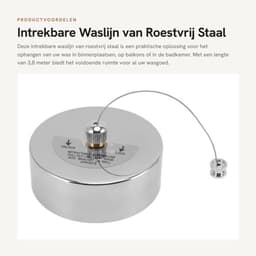 Waslijn Zware Kwaliteit - Intrekbaar - Roestvrij Staal - Veiligheidsmechanisme - Voor Binnen/Buiten - 3,8 m Lengte - Kledingdrooglijn — thumbnail 1