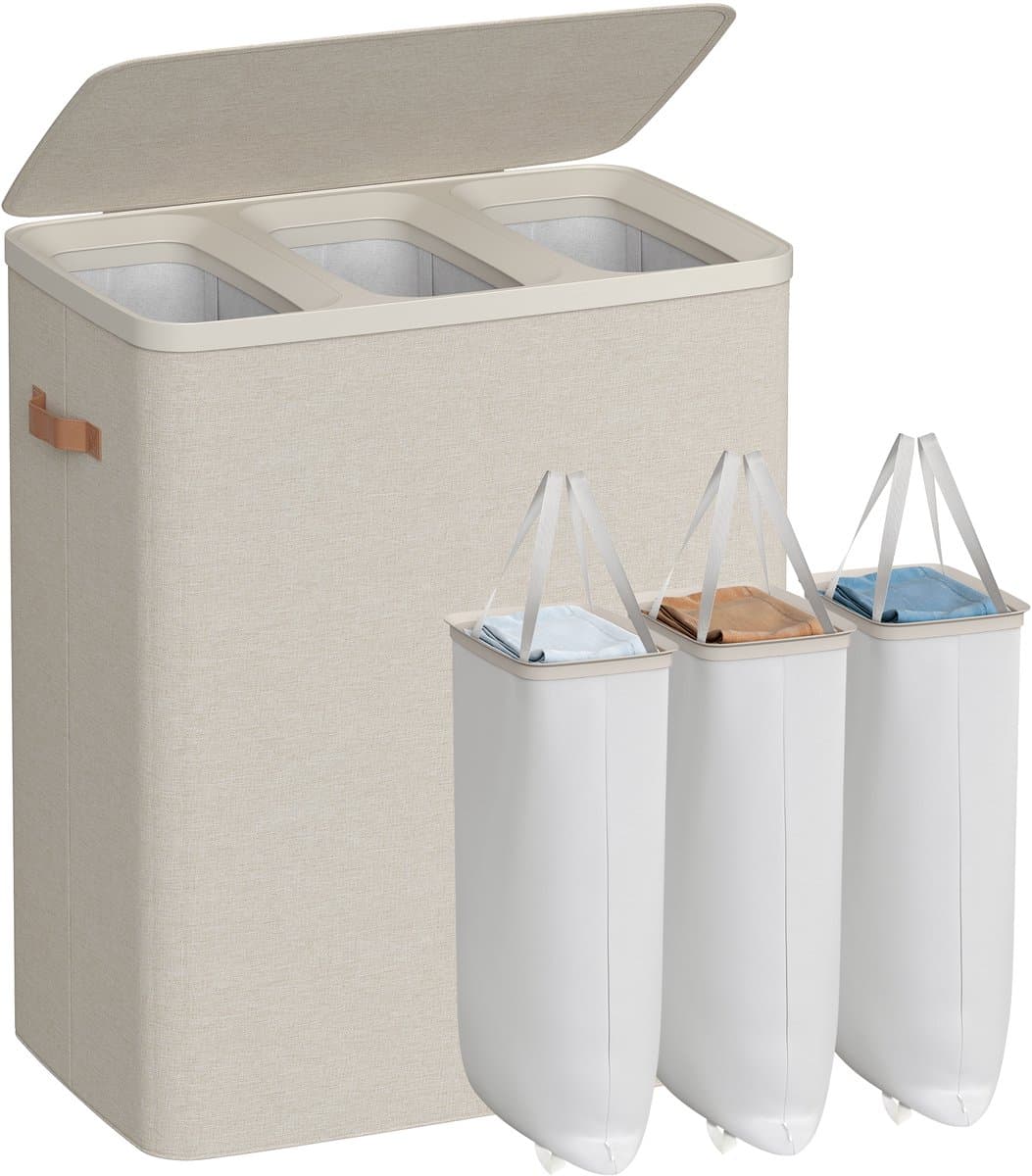 Conway Living® - Wasmand met 3 Vakken - 190 Liter - Wasbox met Deksel en Uitneembare Waszak - Wassoorteerder - Inklapbaar - Cappuccino Beige - 64x40x75 cm — afbeelding 1