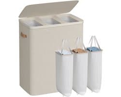 Conway Living® - Wasmand met 3 Vakken - 190 Liter - Wasbox met Deksel en Uitneembare Waszak - Wassoorteerder - Inklapbaar - Cappuccino Beige - 64x40x75 cm