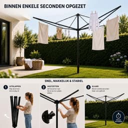 Droogrek Buiten - Waslijnen 4 Armen - Kleding Drogen - Inclusief Grondanker - 45 Meter Drooglijn - Zwart — thumbnail 3