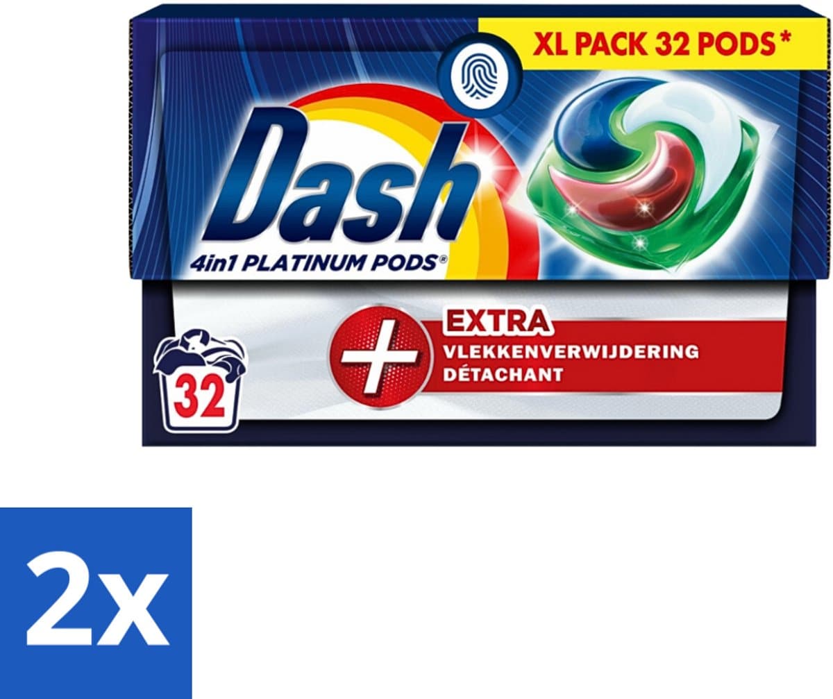 Dash - 4in1 Pods +Extra Vlekkenverwijderaar - Wasmiddelcapsules - Intensieve Reiniging - 32 Wasbeurten - Voordeelverpakking - 2 stuks — afbeelding 1