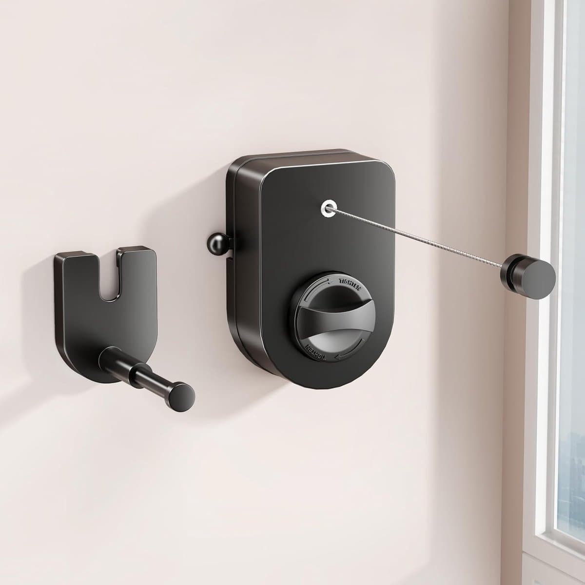 Waslijn - Uitschuifbare waslijn voor binnen, niet-doorhangende waslijn voor buiten, 4,2 meter lange, stevige waslijn met telescopische ophangstang, ruimtebesparende waslijn voor wandmontage (Zwart) - 13.5 x 9 x 4.5cm — afbeelding 1