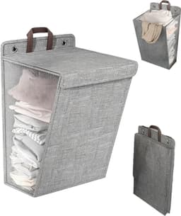 Opvouwbare wasmand met deksel - Hangende wasmand - Stoffen wasopberger - 48x36x12cm - Grij - met gaasvenster - voor badkamer en wasruimte — thumbnail 1
