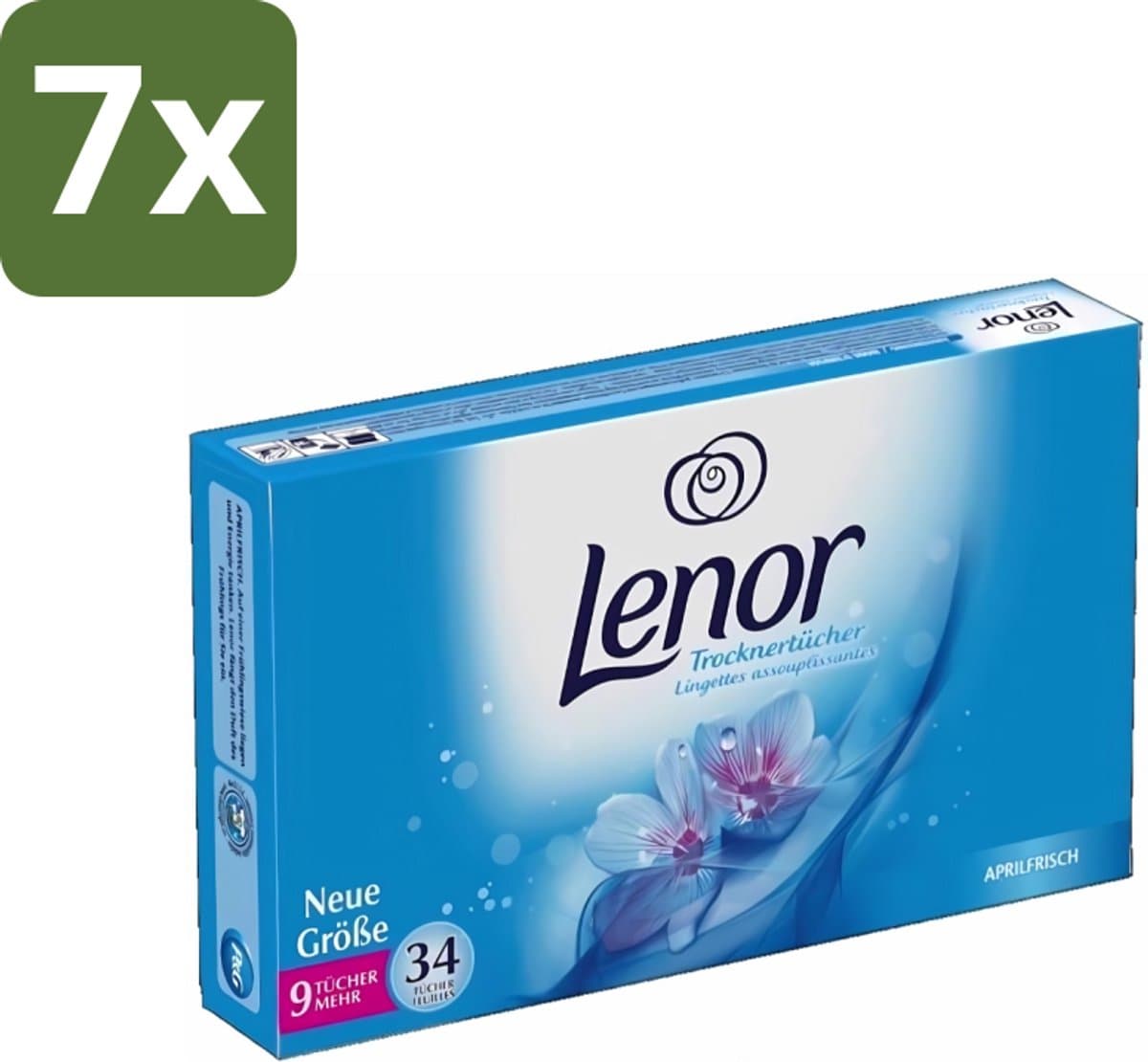 7 x Lenor - Droogtrommeldoekjes - Aprilfris - Textielverfrisser - 34 Doekjes - Droogtrommeldoekjes - Wasdoekjes - Textielverfrisser - Frisheid - Statische Elektriciteit — afbeelding 1