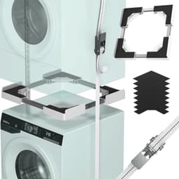 Universele stapelset voor wasmachine en droger, verstelbaar tussenbouwframe 45-68 cm, wit - Plaatsbesparende oplossing met trillingsdemping en bevestigingsriemen — thumbnail 1