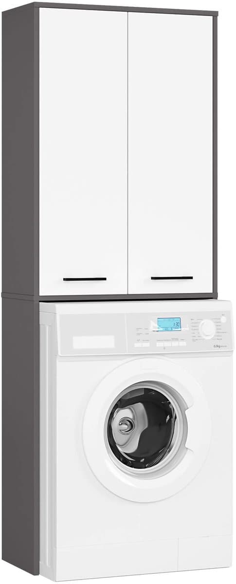 Badkamerkast voor Wasmachine FIN / Hoge Wasmachinekast met 2 Deuren / AKORD Furniture Factory / Grafietgrijs - Wit / 64 x 180 x 30 cm — afbeelding 1