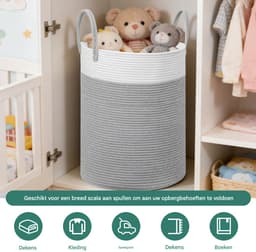 Lemlit Wasmand - Gevlochten Opbergmand met Handvatten 58 L - Speelgoedmand voor Kinderkamer Slaapkamer en Woonkamer - 38 x 50 cm - Wit Grijs — thumbnail 5