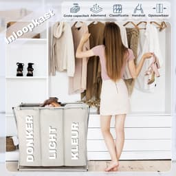 Fabono-Opvouwbare Wasmand met 3 Vakken 100L – Grote Wassorteerder met Handgrepen – Wasverzamelaar voor Donkere, Witte & Gekleurde Was – Beige Wasmand voor Badkamer en Wasruimte — thumbnail 4