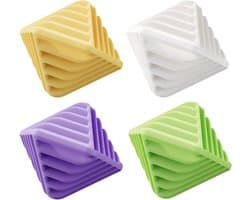 Verpakking van 4 herbruikbare antistatische wasballen, 65*58*60 mm, geschikt voor wasverzachter in de wasmachine. Het gestructureerde oppervlak voorkomt dat kleding in de knoop raakt en verbetert het reinigingseffect (geel, paars, groen, wit).