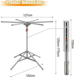 Wasrek - Opvouwbaar Droogrek - 6 Palen - Incl. 20 winddichte haken + 2 winddichte sokkenclips - 120-170cm - Koolstofstaal Roestvrij - Ruimtebesparend & Compact - Voor Binnen, Balkon & Buiten — thumbnail 1