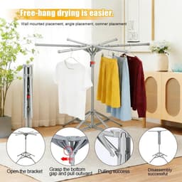 Wasrek - Opvouwbaar Droogrek - 6 Palen - Incl. 20 winddichte haken + 2 winddichte sokkenclips - 120-170cm - Koolstofstaal Roestvrij - Ruimtebesparend & Compact - Voor Binnen, Balkon & Buiten — thumbnail 3