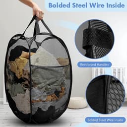 2-stuks Opvouwbare wasmand van gaas - Opvouwbare wasmand - Pop-up wasmand - Kledingmand - Wasmand - Met stevig handvat en zijvakken - 30*30*46 cm - Geschikt voor thuis, studentenkamers, slaapkamers, op reis, enz. - Zwart — thumbnail 2