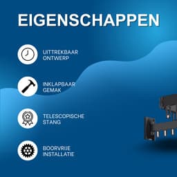 Waslijn – Voor dekbedden en kleding – Inklapbare en uittrekbare aluminium droogstang, telescopisch, geen boorinstallatie nodig – Zwart — thumbnail 5