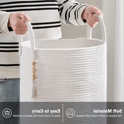 Katoenen Wasmand 58L Wasmand van Touw - Handgemaakte Gevlochten Laundry Basket - Opvouwbare Opbergmand met Handgrepen - Grote Wasmand Organizer 38x38x50 cm - Decoratieve Wasmand voor Kleding, Speelgoed, Dekens — thumbnail 5