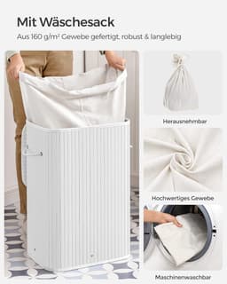 Bamboe Wasmand - 72 liter - 60 cm hoog - Met Uitneembare Katoenen Waszak - wit — thumbnail 3