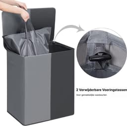 KAD® Wassorteerder - Dubbele Wasmand - Wasmand 2 Vakken - Wasmand - Grijs/Zwart - 63cm x 36cm x 68cm — thumbnail 3