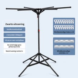 Jensaro Kledingdroogrek Opvouwbaar – Verstelbaar Droogrek 40KG – Wasrek met Klemmen – Staand Droogrek Binnen Buiten – Zwart — thumbnail 4
