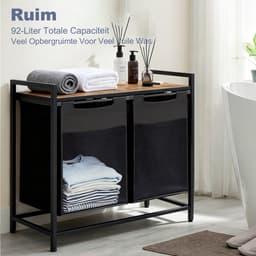 Dubbele Wasmand Naast Elkaar 92L – 2 Wasmanden Met Metalen Frame en Opbergplank 73×33×72 cm – Wasgoed Organizer — thumbnail 4