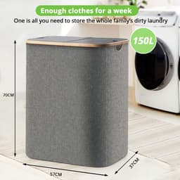 Wasmand 2 vakken - Wasmand met deksel - Groot volume 150 liter - Verdeelde opbergmand - Grijs — thumbnail 5