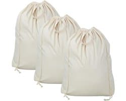 Set van 3 katoenen waszakken met trekkoord, ideale wasmand voor studenten, appartementen en hotels, perfect voor het organiseren van wasgoed en het bewaren van schone en droge kleding.