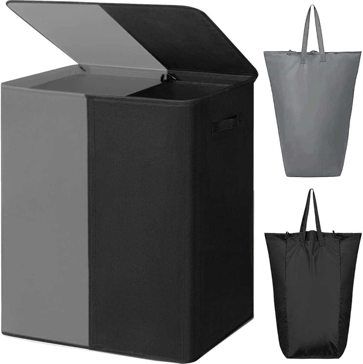 Florixa® Wasmand 2 Vakken - Wasmand - Wassorteerder - Dubbele Wasmand - Grijs/Zwart - 63cm x 36cm x 68cm — afbeelding 1