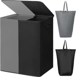 Florixa® Wasmand 2 Vakken - Wasmand - Wassorteerder - Dubbele Wasmand - Grijs/Zwart - 63cm x 36cm x 68cm — thumbnail 1