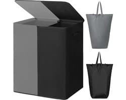Florixa® Wasmand 2 Vakken - Wasmand - Wassorteerder - Dubbele Wasmand - Grijs/Zwart - 63cm x 36cm x 68cm