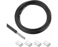 20 meter roestvrijstalen kabel met vinyl coating en aluminium mouwen - voor ophangen droogrek - zwart