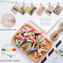 150 stuks hartvormige houten knijpers met 10 meter jute touw en 6 niet-sporen nagels voor foto’s, kaarten en bruiloft decoratie — thumbnail 5