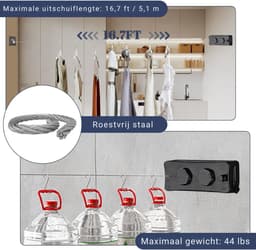 HEZIVO® Waslijn Uittrekbaar - Roldrooglijn - Waslijndraad Oprolbaar - Droogrek Hangend - 2 x 5,1m - Zwart — thumbnail 3